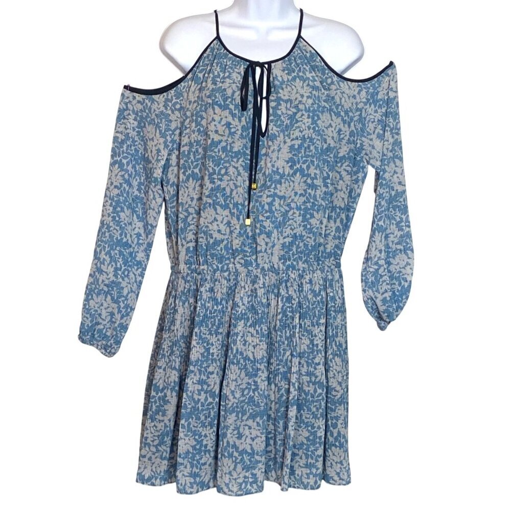 MICHAEL Michael Kors Blue Floral Cold Shoulder Dress Womens L Lightweight Flowy